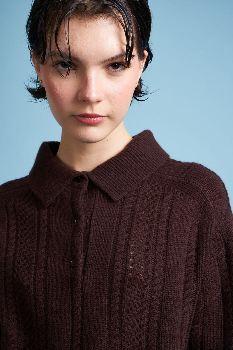 Polo shirt in wool knit and cashmere zoom - Chocolate