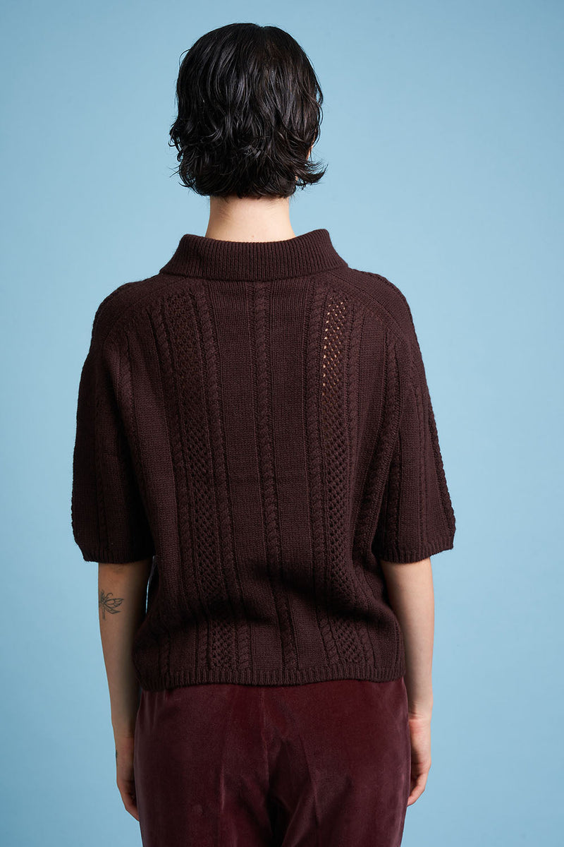 Polo shirt in wool knit and cashmere back - Chocolate