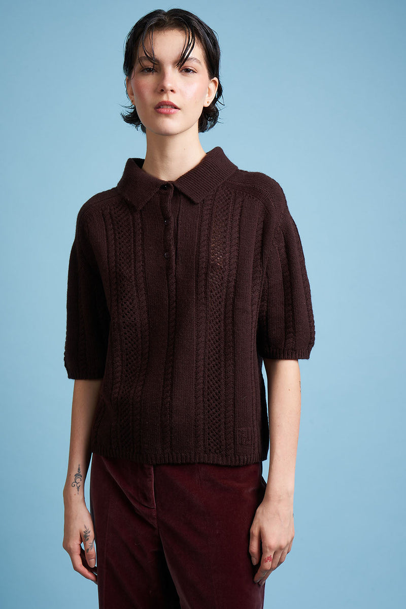 Polo shirt in wool knit and cashmere face - Chocolate
