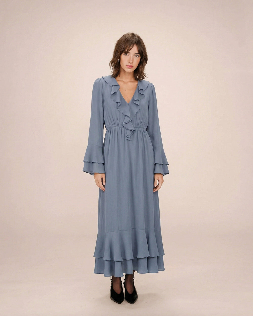 Airy Long Ruffle Dress Cornflower Samira