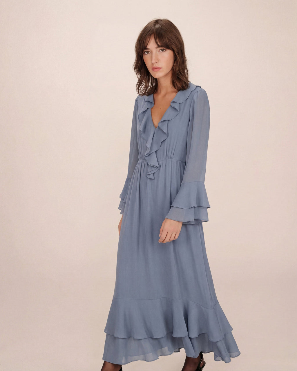 Airy Long Ruffle Dress Cornflower Samira