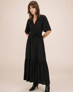 Vestido Largo Entallado Con Volante Negro Sequoia