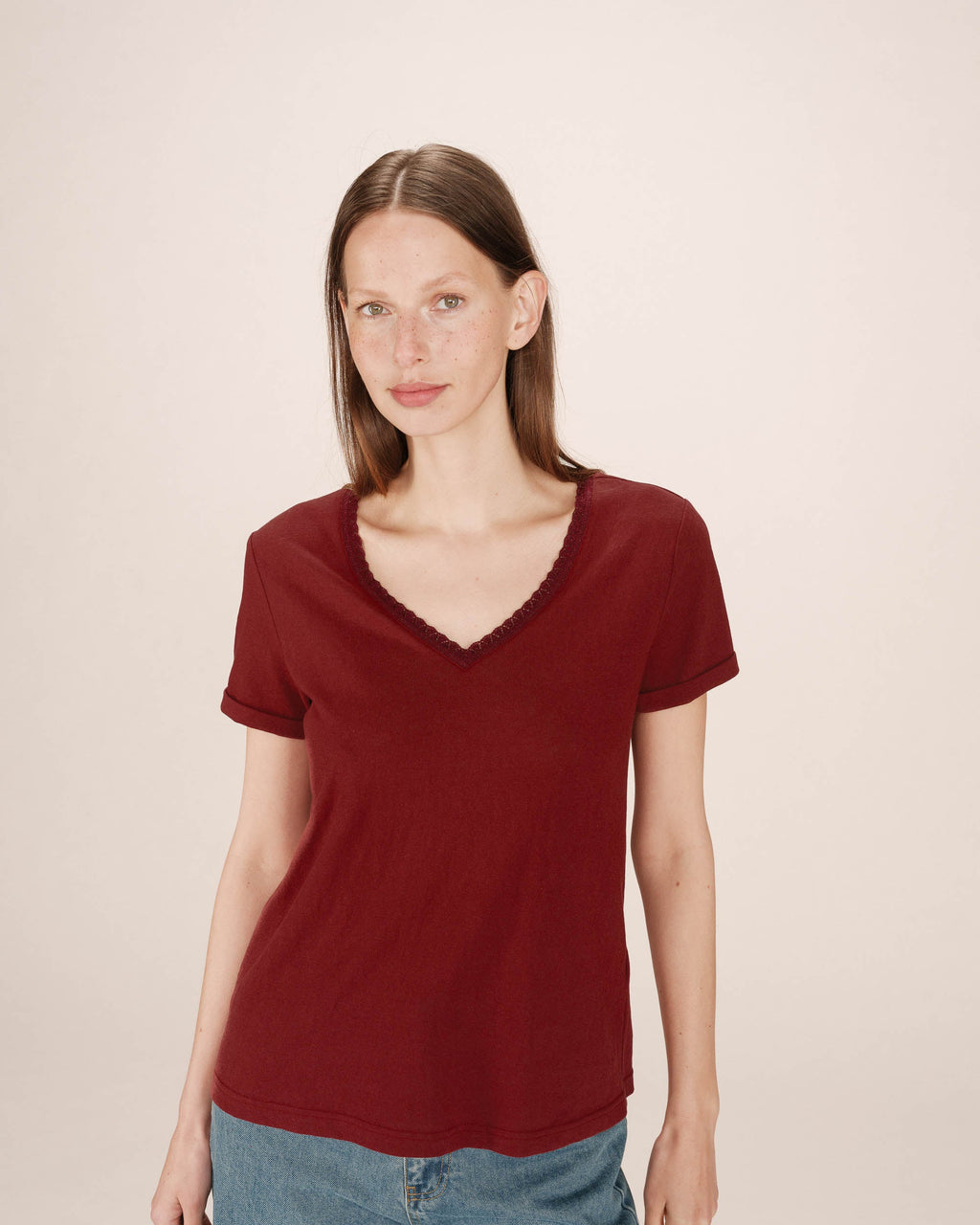 Burgundy V-Neck T-Shirt Space