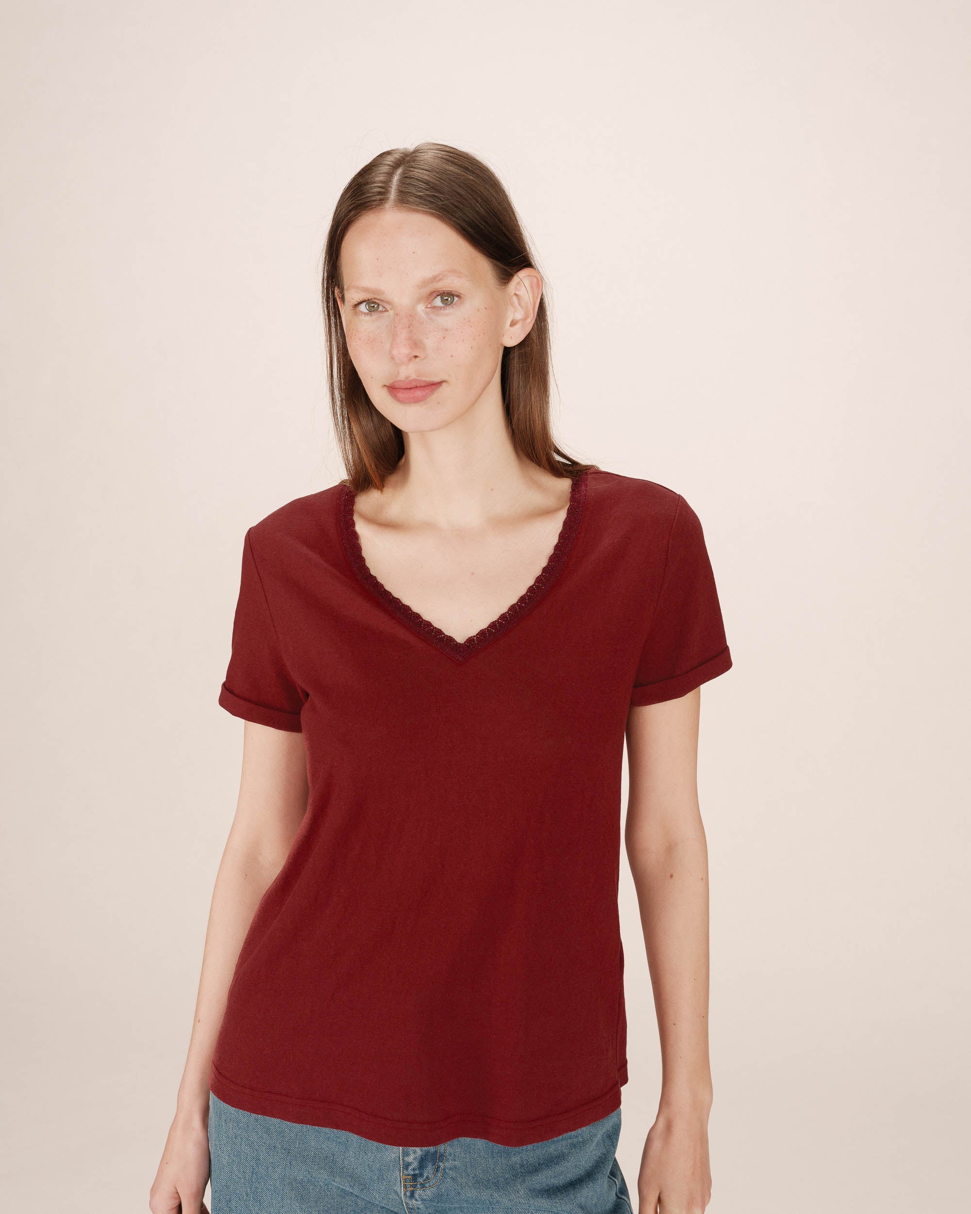 Burgundy V-Neck T-Shirt Space