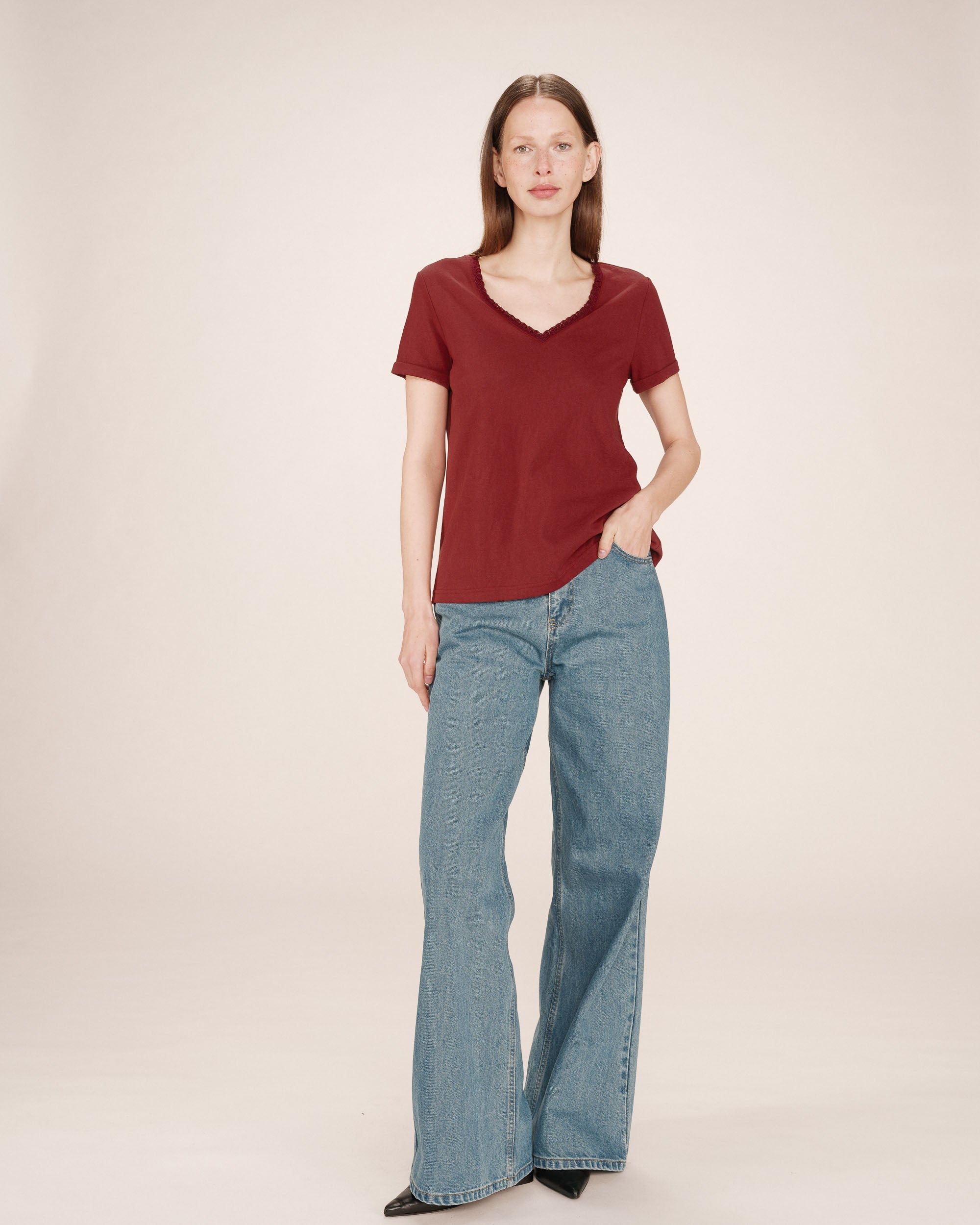 Burgundy V-Neck T-Shirt Space