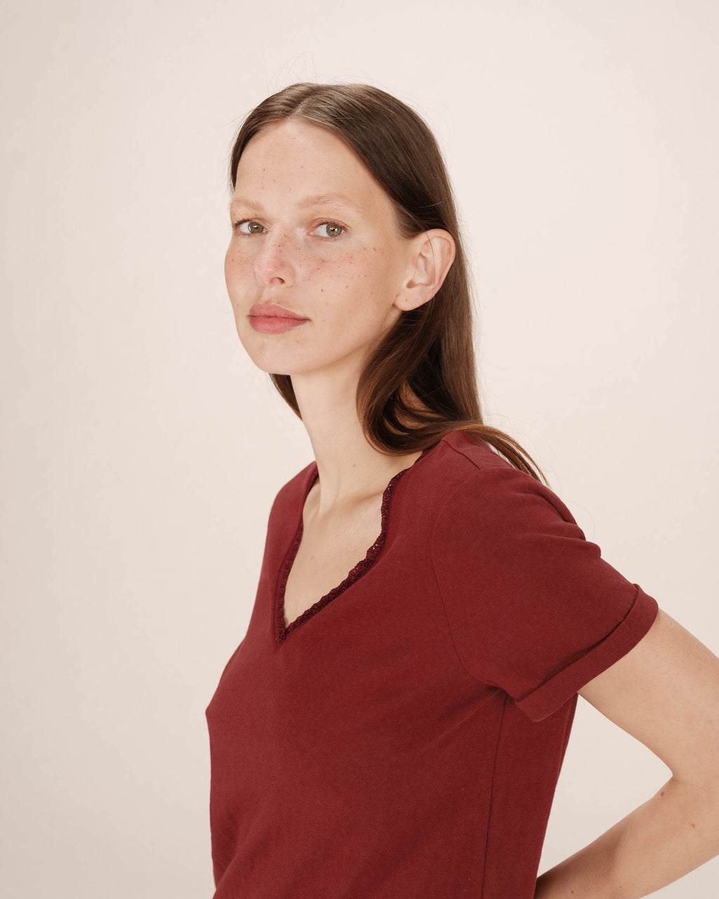 Burgundy V-Neck T-Shirt Space