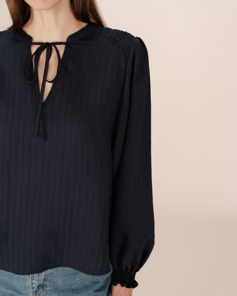 Navy Tied Collar Blouse Serinda
