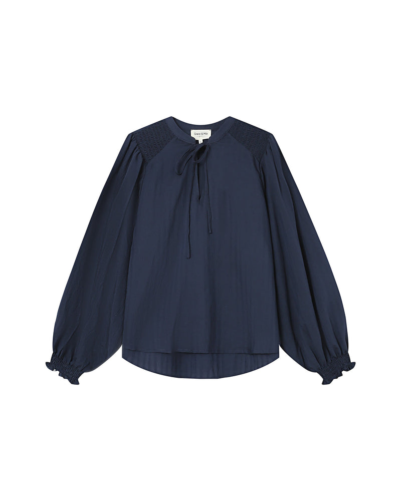 Navy Tied Collar Blouse Serinda