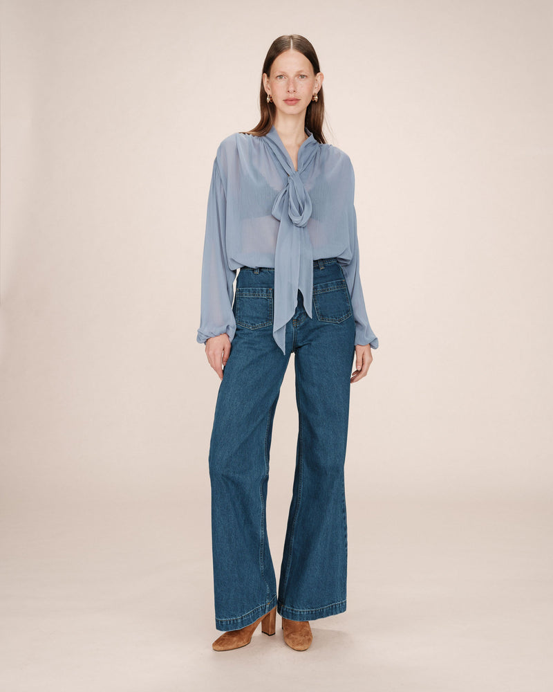 Splendid Cornflower Pussy Collar Blouse