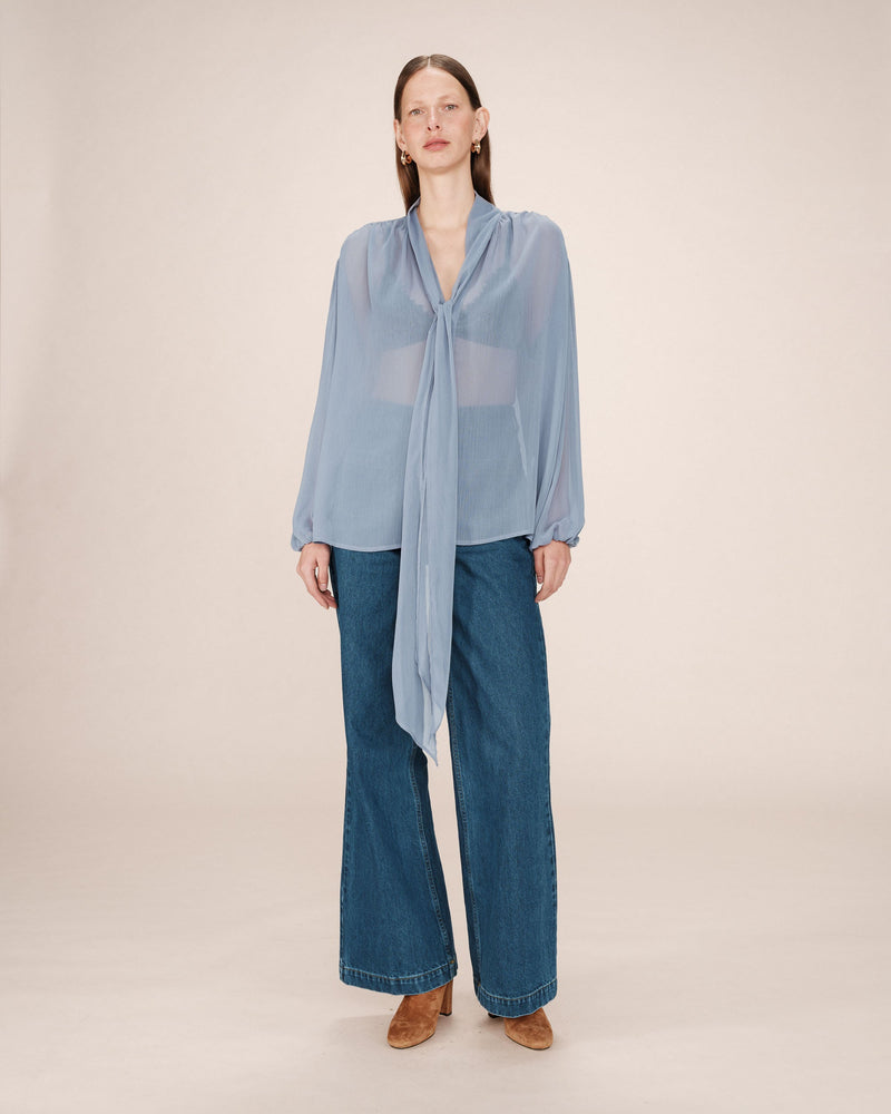 Splendid Cornflower Pussy Collar Blouse