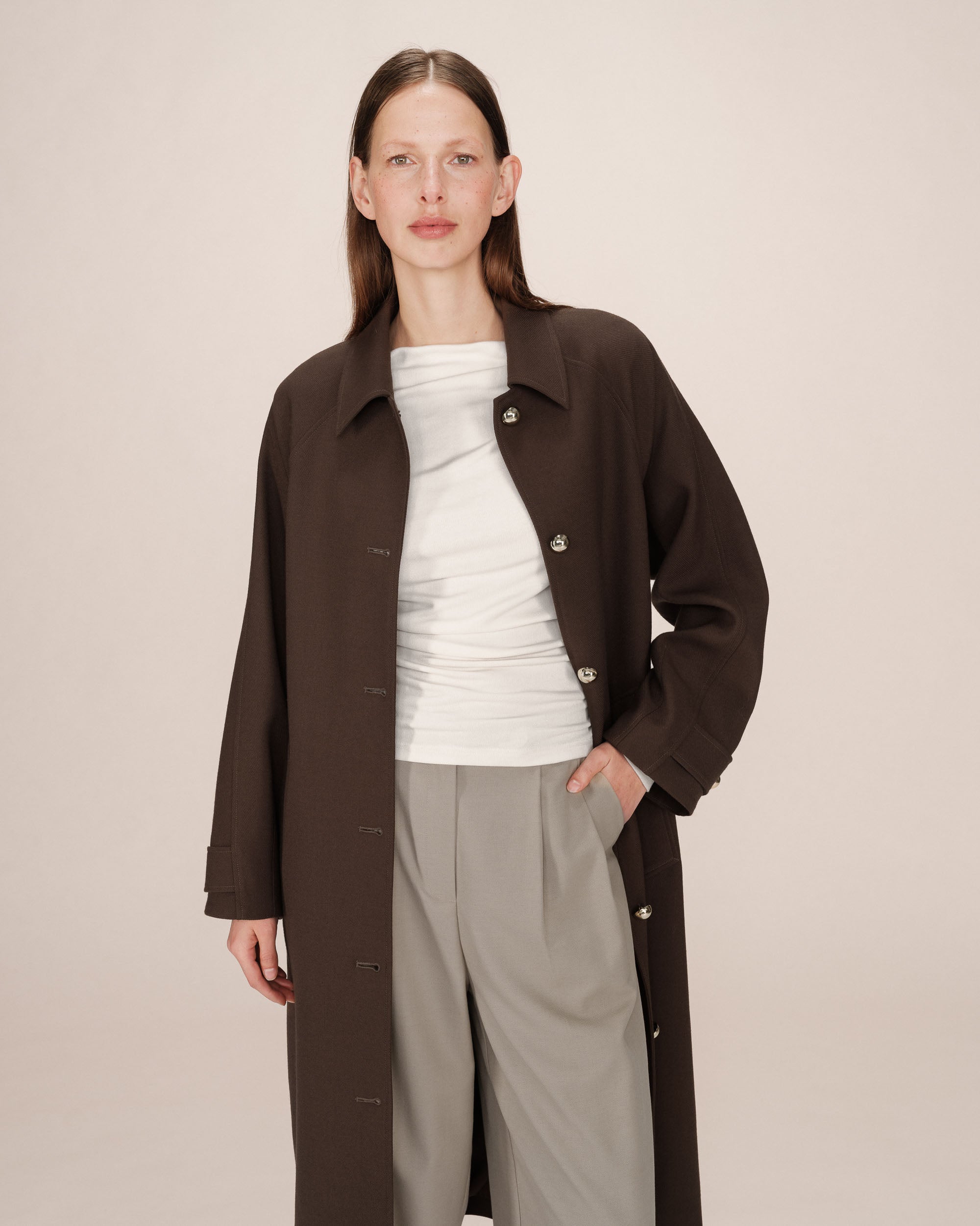 Trench Long Boutons Dorés Chocolat Scott