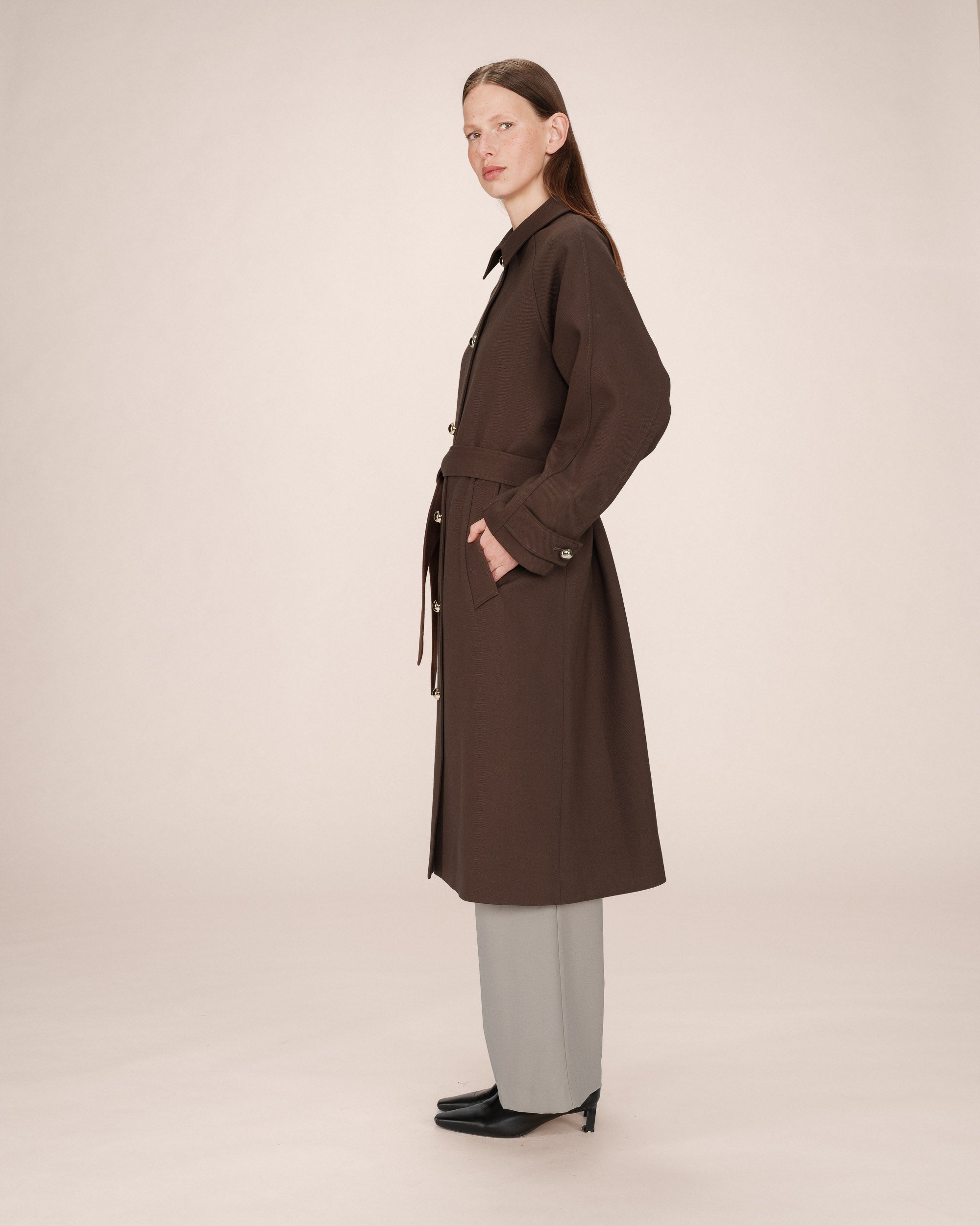 Trench Long Boutons Dorés Chocolat Scott