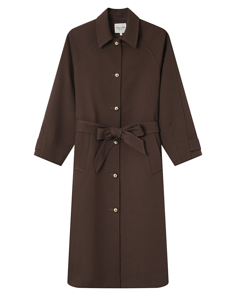 Long Trench Coat with Gold Buttons Chocolate Scott