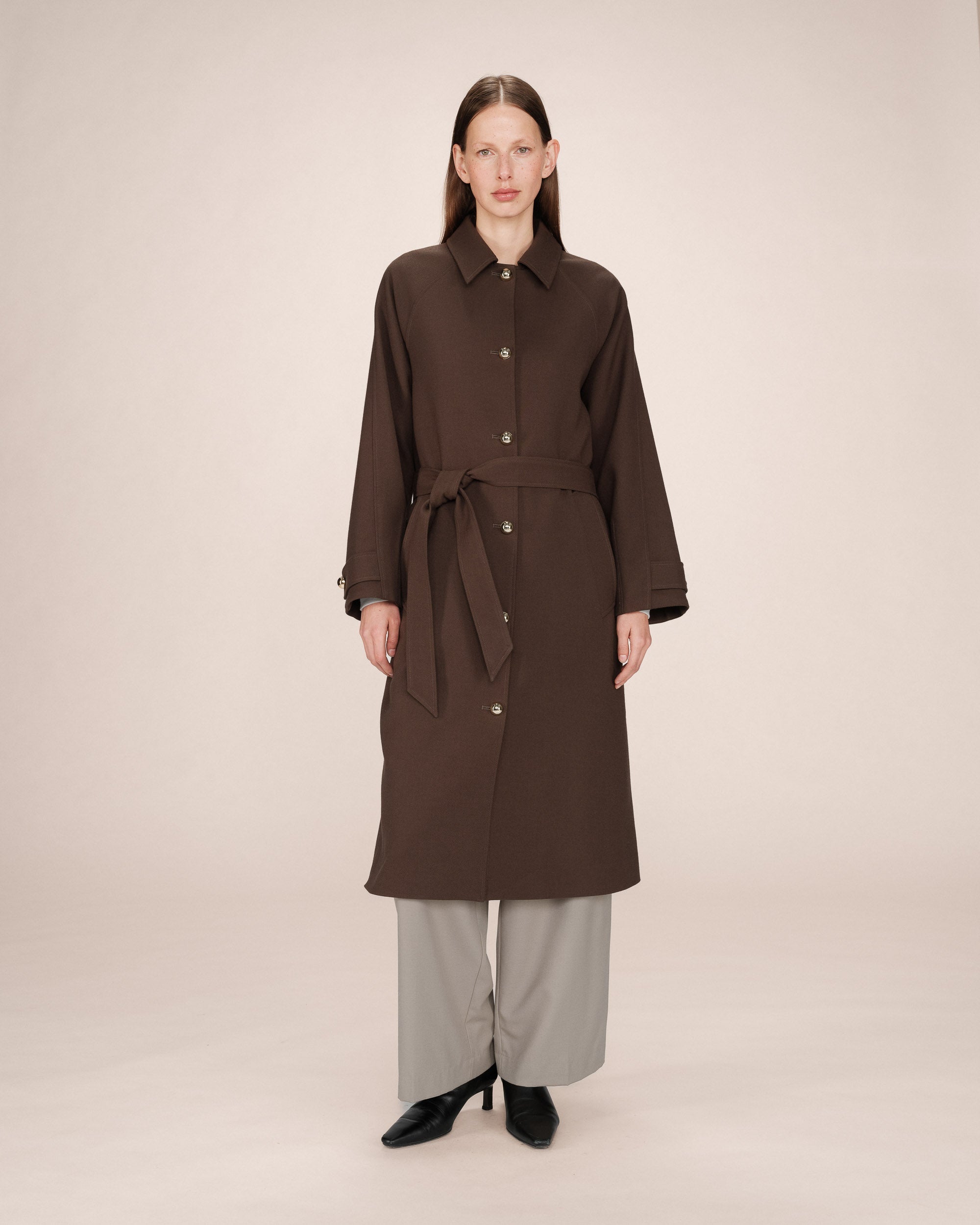 Trench Long Boutons Dorés Chocolat Scott