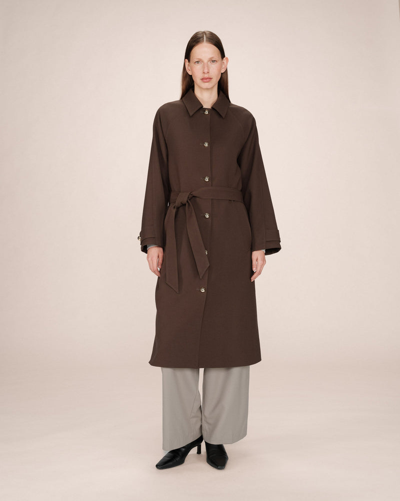 Long Trench Coat with Gold Buttons Chocolate Scott