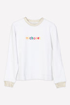 Michonet – Sweat Logo White, hvid sweatshirt med flerfarvet tekst, beige ribstrikket krave og manchetter