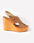 Michonet – Kilesandaler Beige str. 37, lysebrun kilesandal i læder og træ, set fra siden