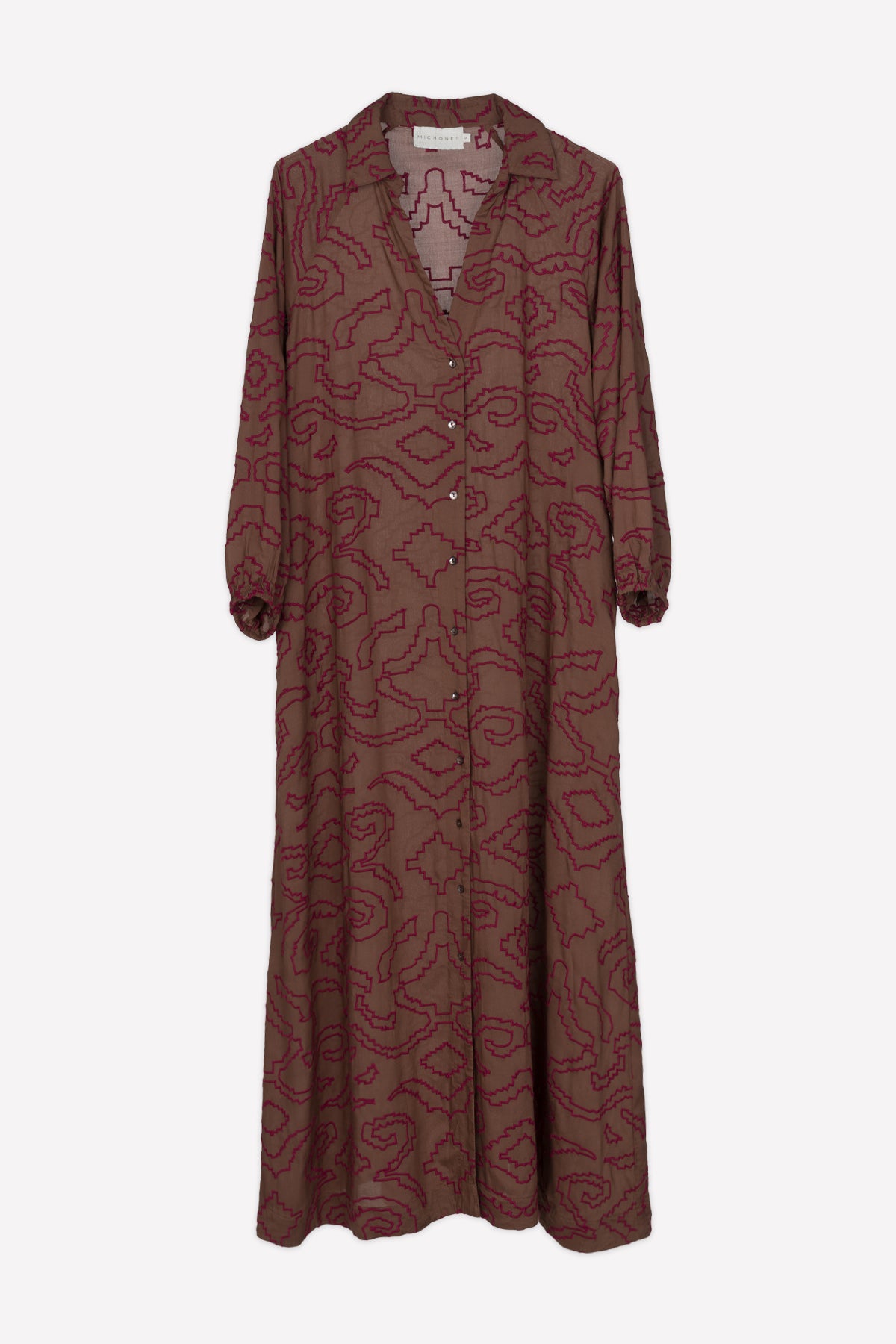 Michonet – Robe Buttoned Tostado, robe longue marron à motifs rouges, vue de face