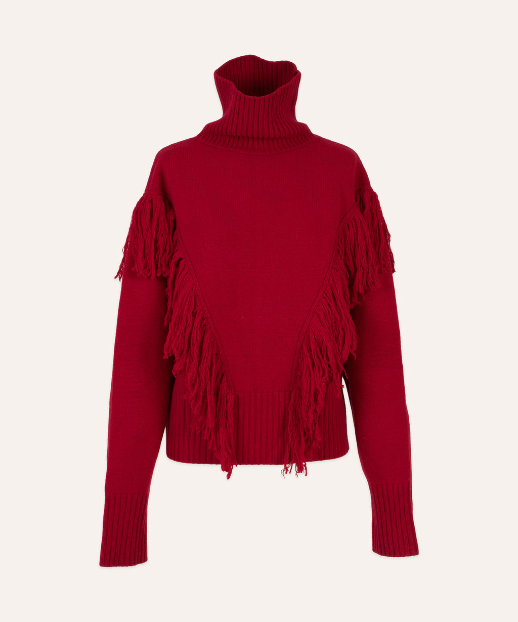 Michonet – Jersey Bergen Red, jersey rojo de punto de cuello vuelto con flecos