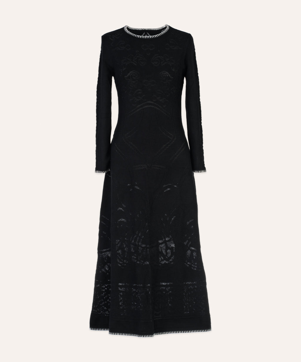 Michonet – Vestido Jacquard Black, vestido largo negro de manga larga, calado, vista frontal