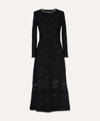 Michonet – Vestido Jacquard Black, vestido largo negro de manga larga, calado, vista frontal