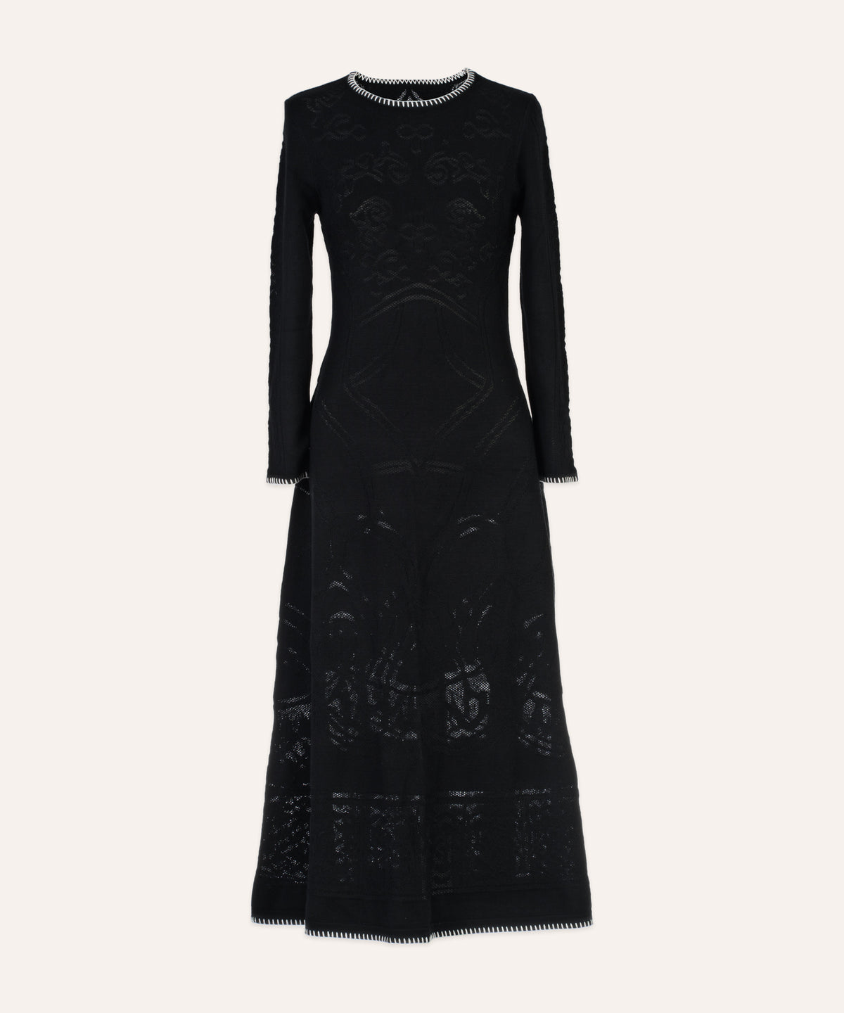 Michonet – Vestido Jacquard Black, vestido largo negro de manga larga, calado, vista frontal