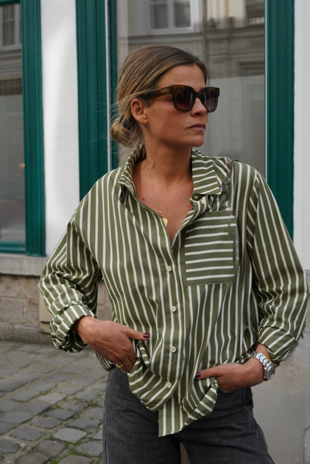 Lucie Stripe Khaki Shirt
