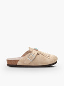 Zuecos con flecos de terciopelo color topo