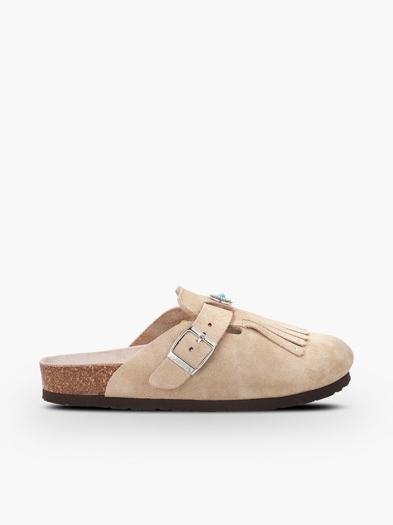 Zuecos con flecos de terciopelo color topo