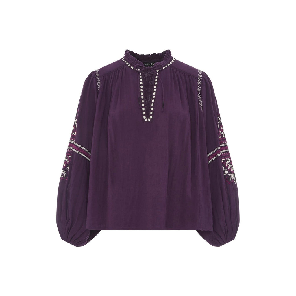 Alma Deia - Blouse Manches Longues Brodéé Gaze Coton Bio - Violet - Femme