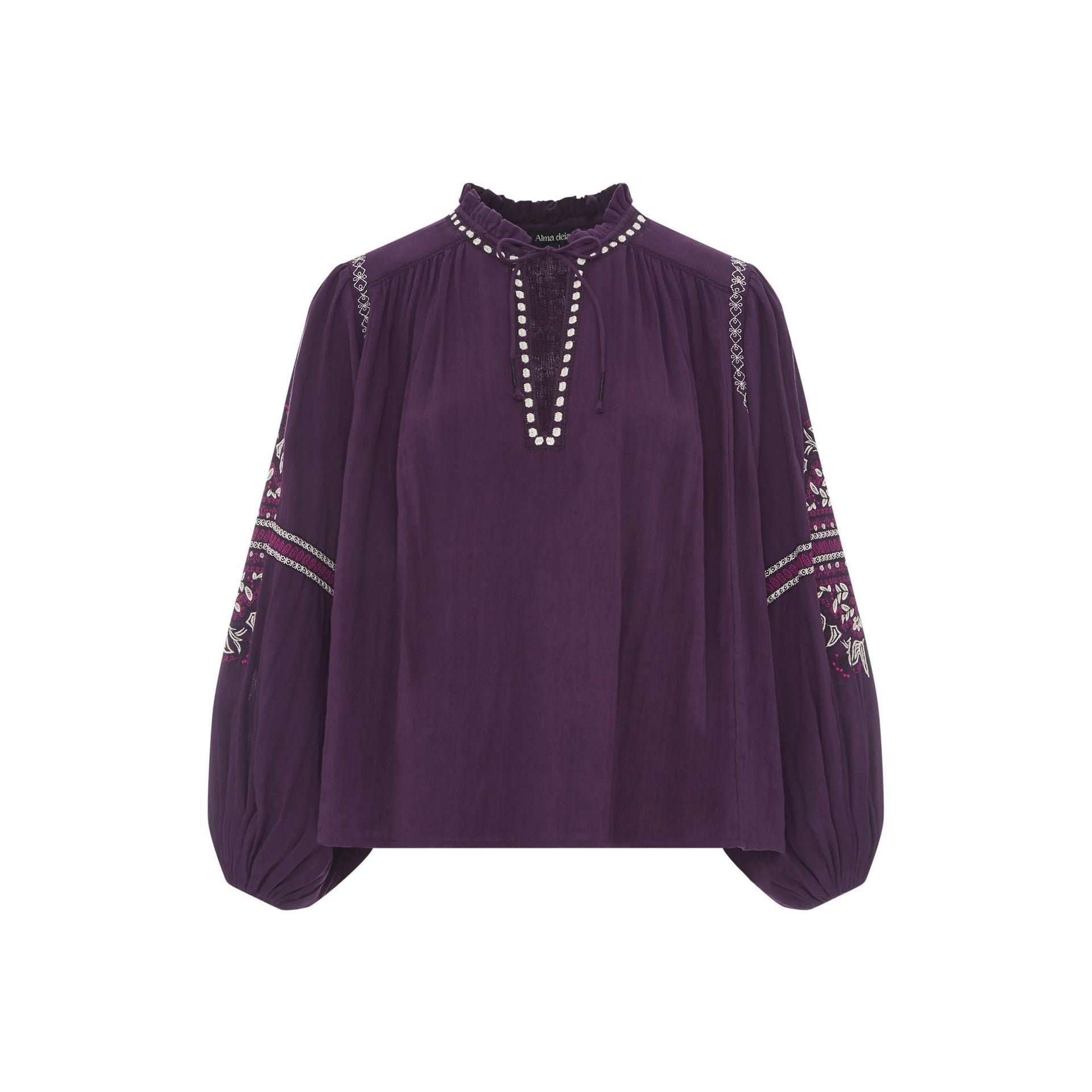 Alma Deia - Blouse Manches Longues Brodéé Gaze Coton Bio - Violet - Femme