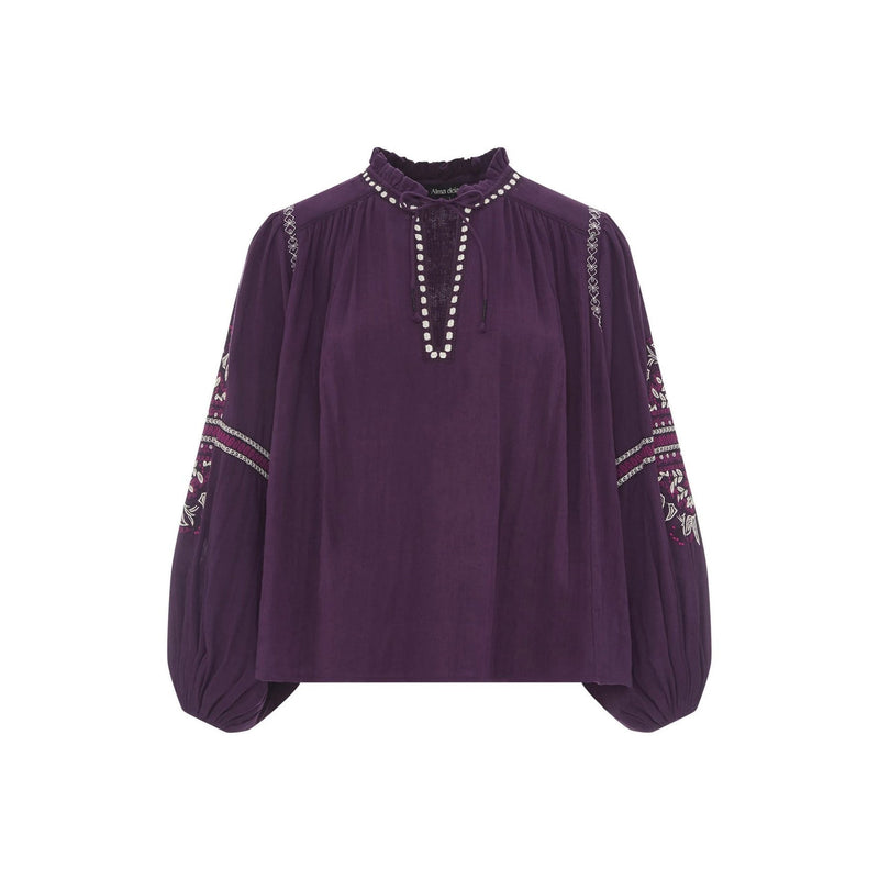 Alma Deia - Blouse Manches Longues Brodéé Gaze Coton Bio - Violet - Femme