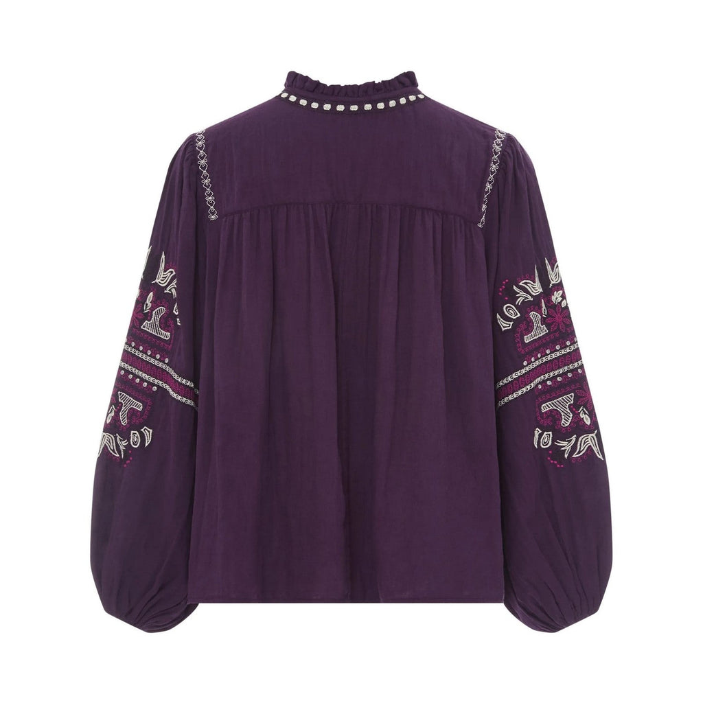 Alma Deia - Blouse Manches Longues Brodéé Gaze Coton Bio - Violet - Femme