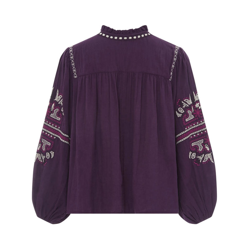 Alma Deia - Blouse Manches Longues Brodéé Gaze Coton Bio - Violet - Femme