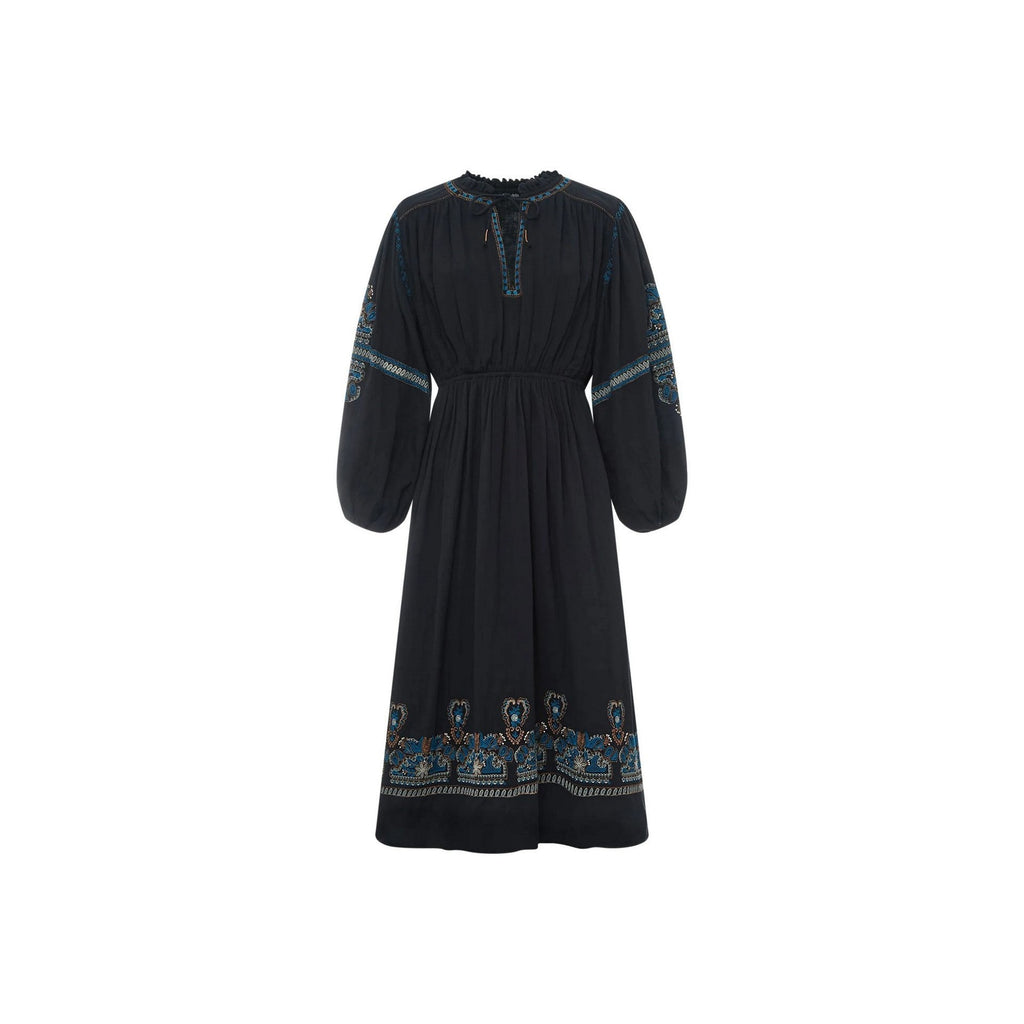 Alma Deia - Embroidered Midi Dress in Organic Cotton Gauze - Black - Women