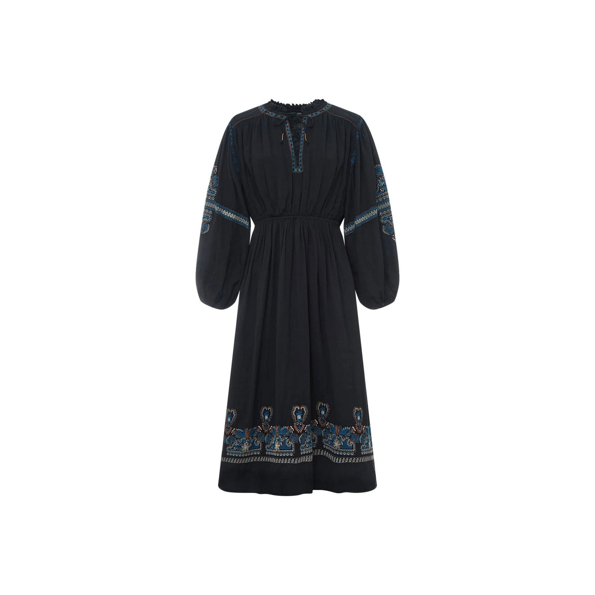 Alma Deia - Embroidered Midi Dress in Organic Cotton Gauze - Black - Women