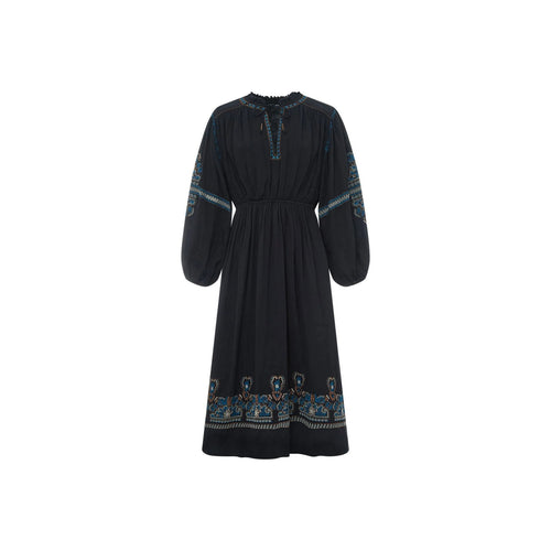 Alma Deia - Robe Midi Brodée Gaze De Coton Bio - Noir - Femme