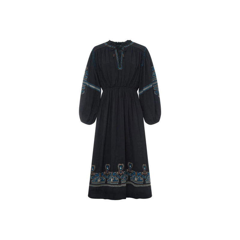 Alma Deia - Robe Midi Brodée Gaze De Coton Bio - Noir - Femme