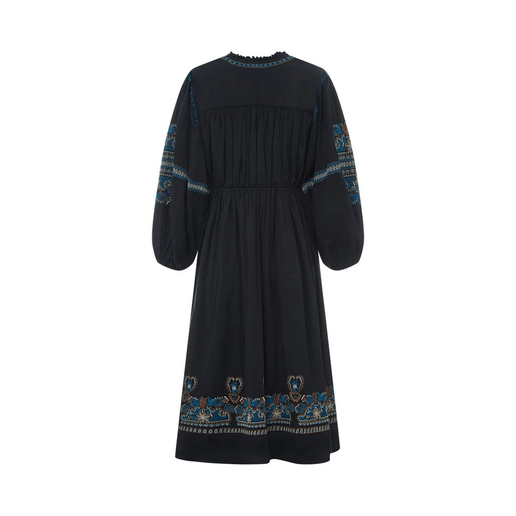 Alma Deia - Embroidered Midi Dress in Organic Cotton Gauze - Black - Women