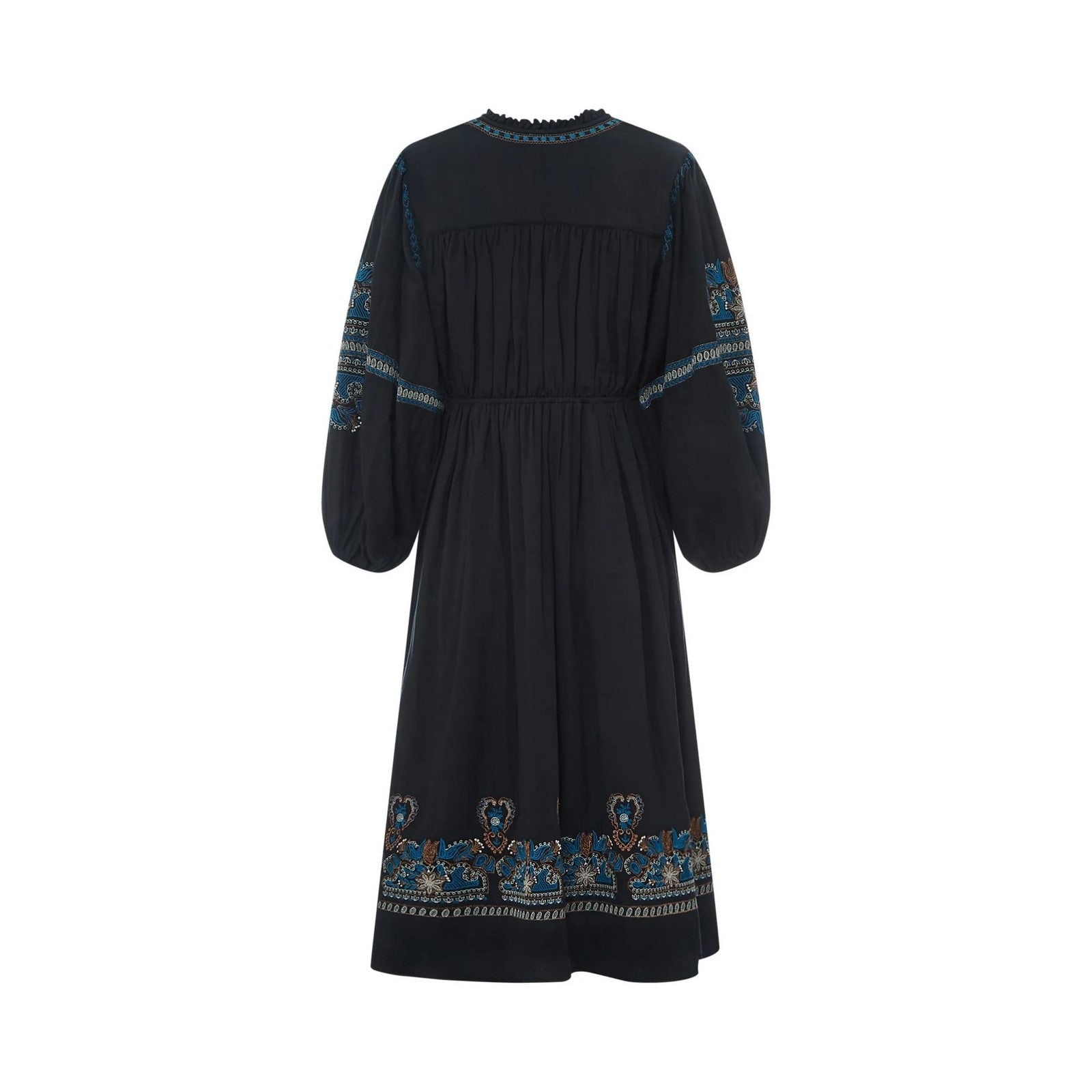 Alma Deia - Embroidered Midi Dress in Organic Cotton Gauze - Black - Women
