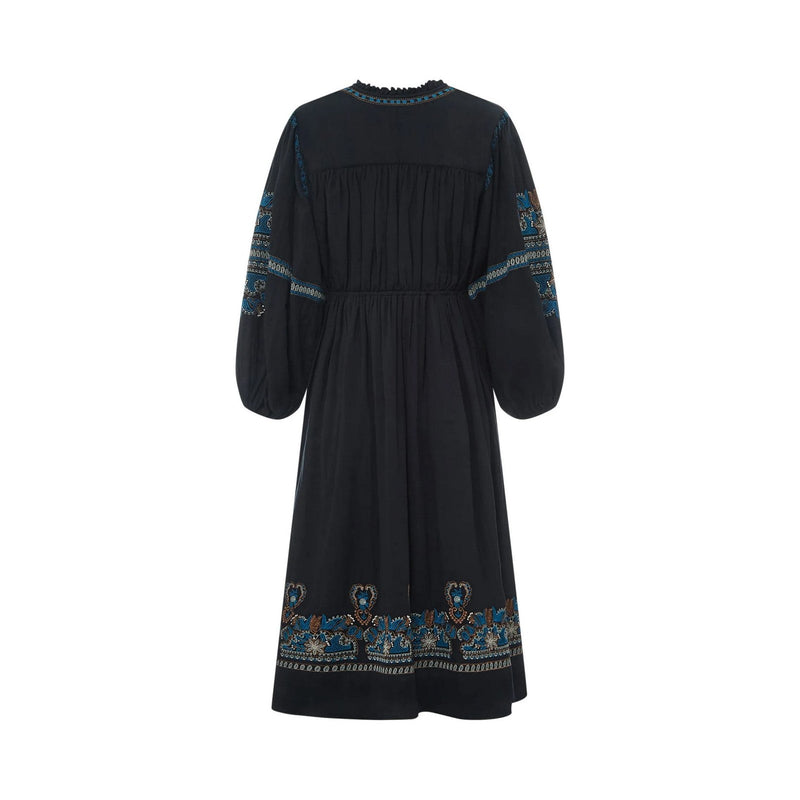 Alma Deia - Robe Midi Brodée Gaze De Coton Bio - Noir - Femme