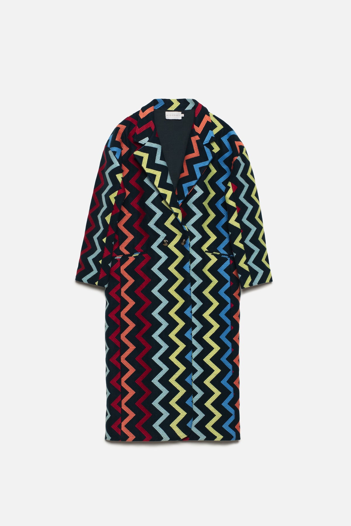Michonet – Manteau Long, manteau long noir à motifs chevrons multicolores, vue de face