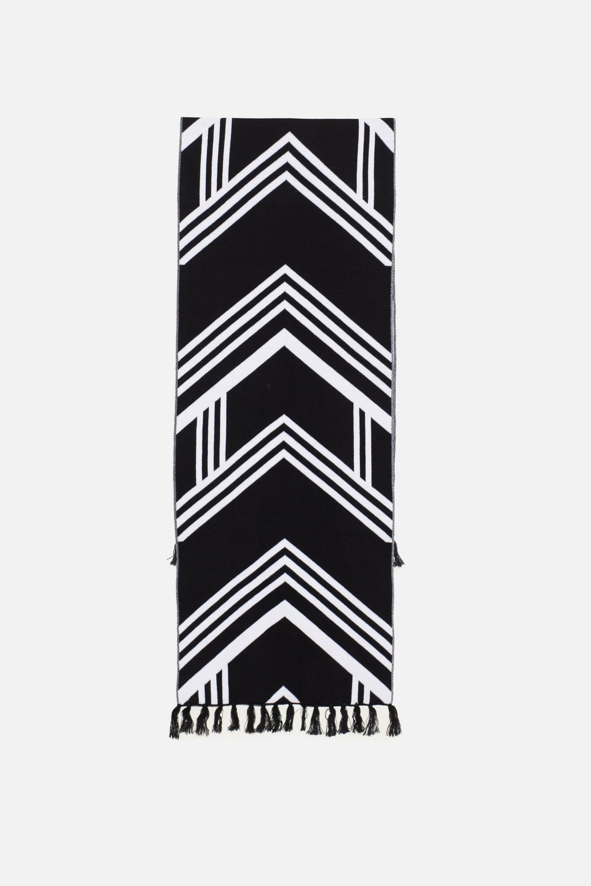 Michonet – Cardigan Set, écharpe noire et blanche à motifs chevrons et franges