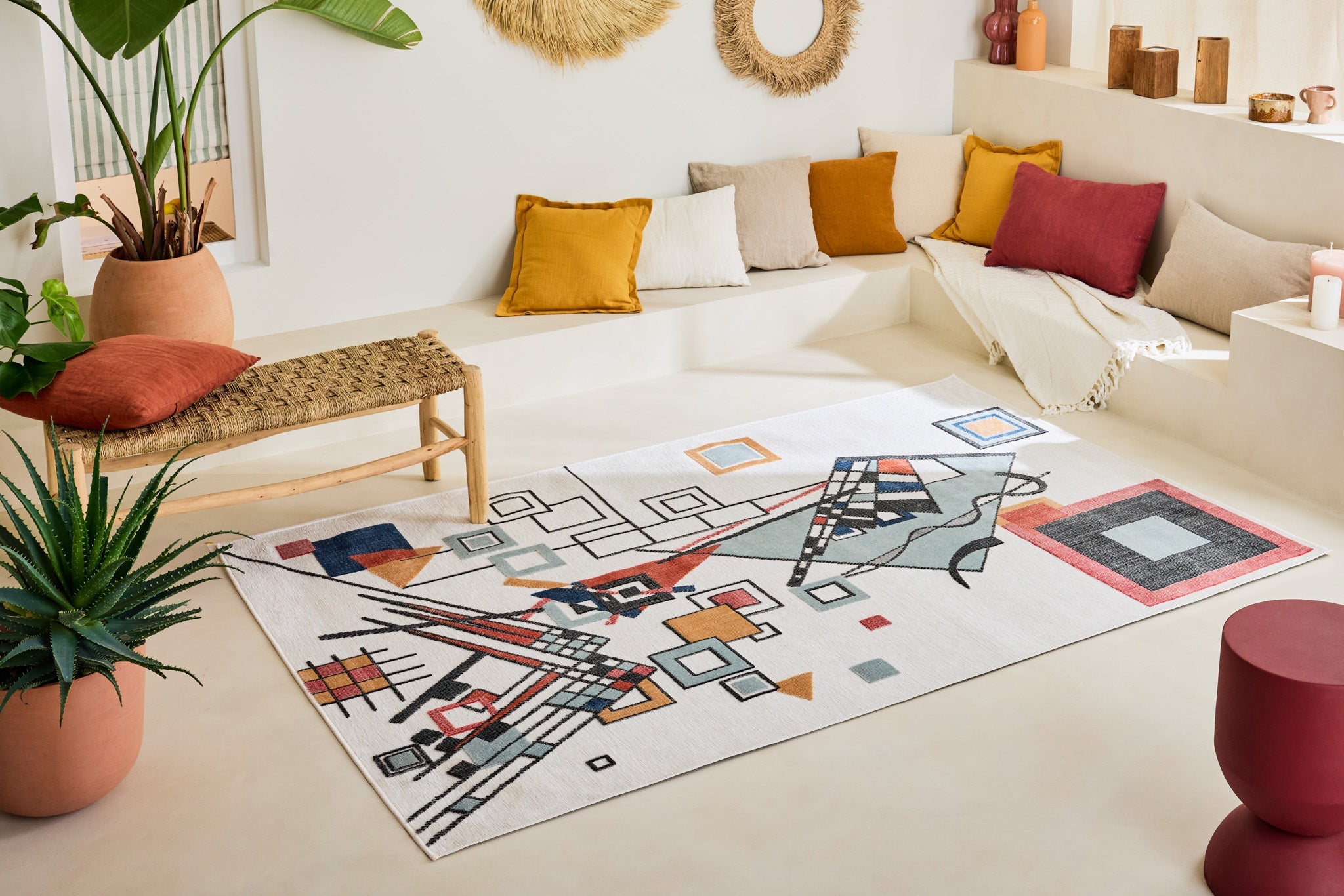 White rectangular rug with colorful artistic patterns - GARDEN Garden