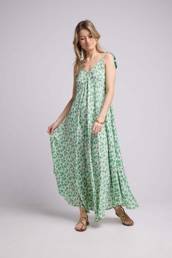 Robe Long Bretelles - Fleurs Vert