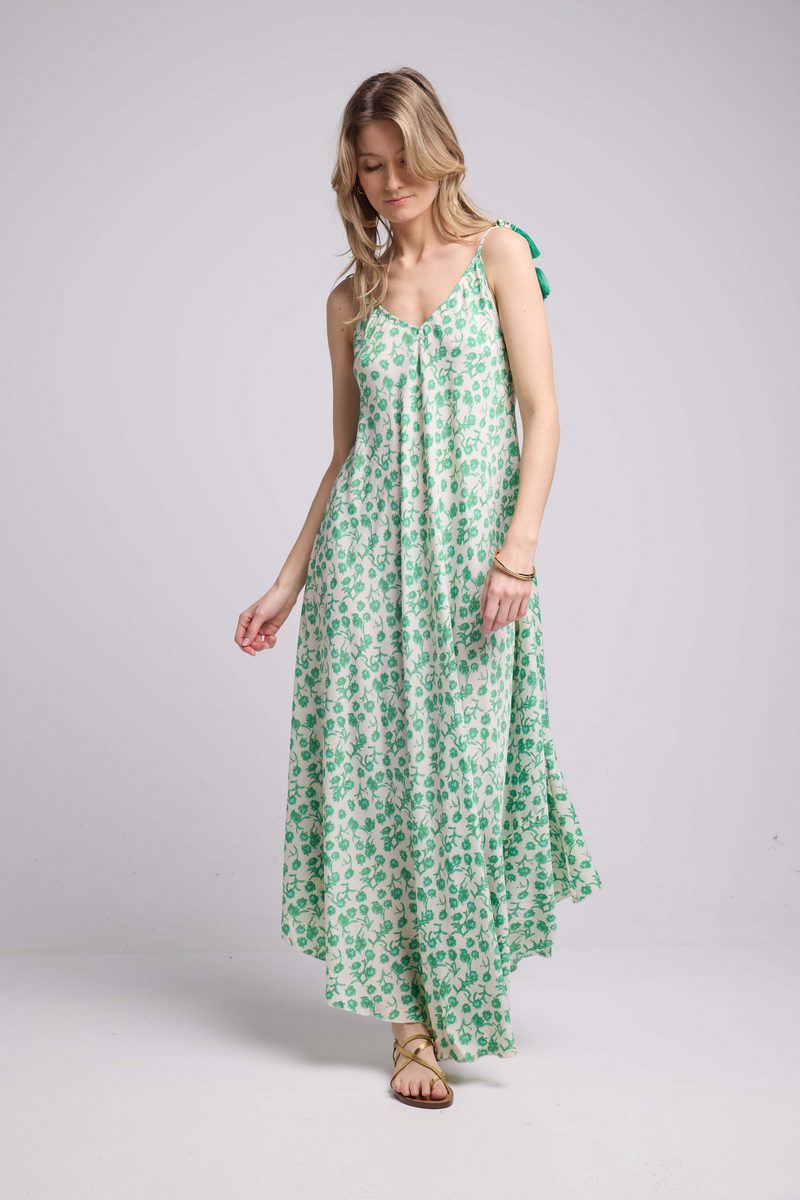 Vestido Largo De Tirantes - Flores Verdes
