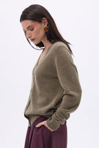 Giada Boyfriend V-Neck Cardigan - Mottled Khaki - Women