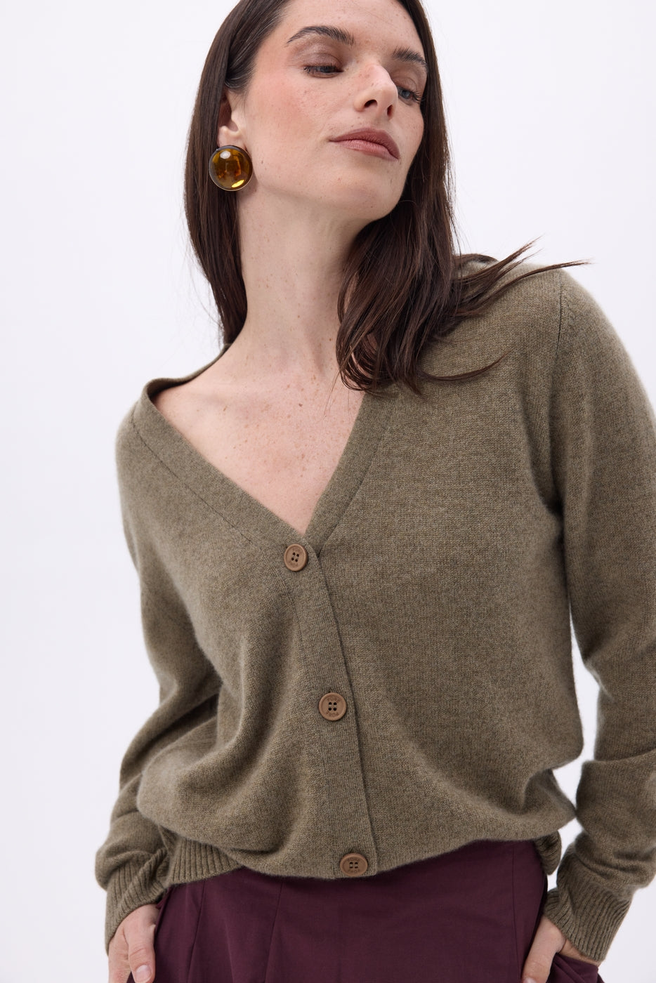 Giada Boyfriend V-Neck Cardigan - Mottled Khaki - Women
