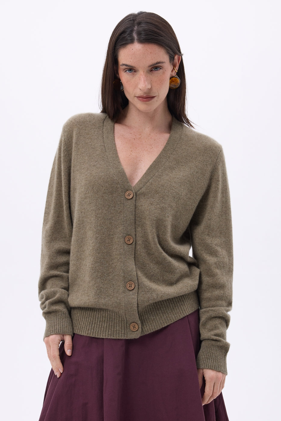 Giada Boyfriend V-Neck Cardigan - Mottled Khaki - Women
