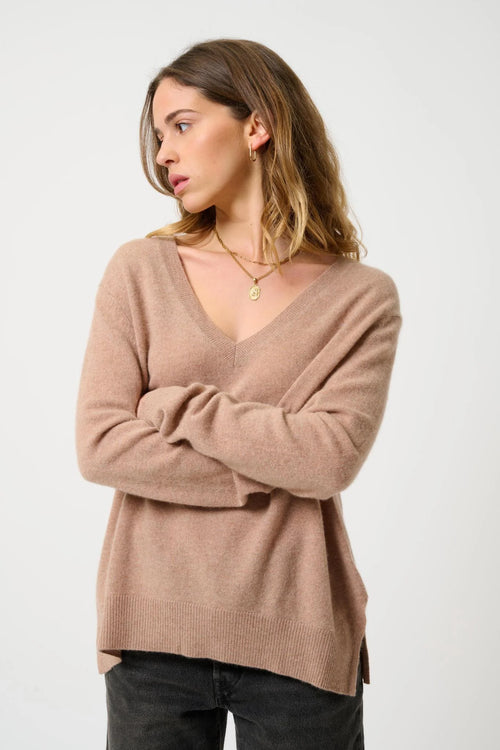 Pull Col V Devant Et Dos - Giegn - Camel Chiné